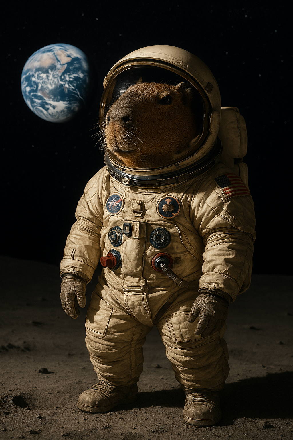 Un capibara heroico con traje de astronauta en la luna.