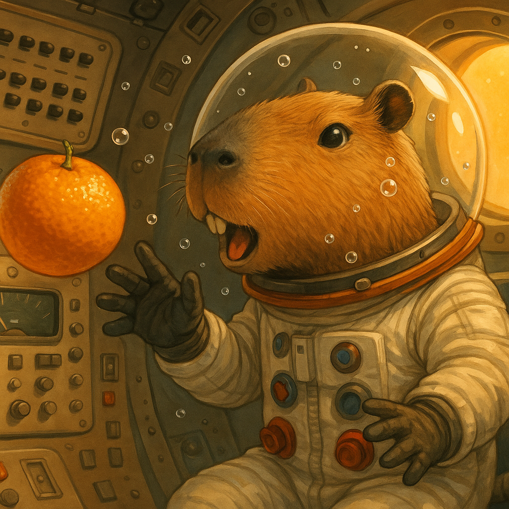 Un capibara astronauta comiendo una naranja en gravedad cero.